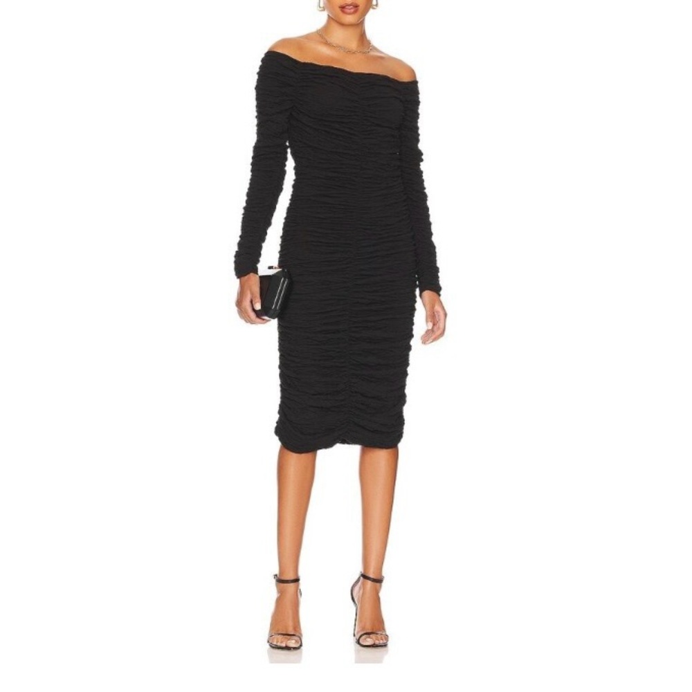NWT Line and Dot Size Large Off Shoulder Ruched Long Sleeve Dress Black LD5136B